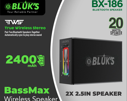 BX-186 BassMax Bluetooth Speaker 20W - Portable Wireless Speaker with RGB LED Lights & Deep Bass