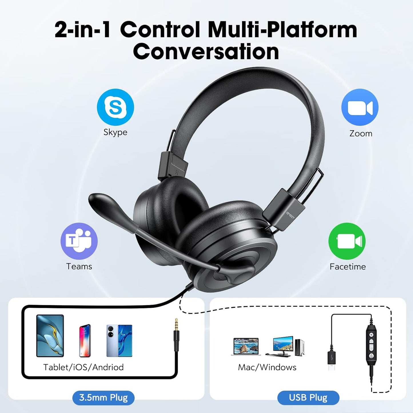 EMEET HS20 Gaming Headset with Microphone - USB Wired Headphones for PC, Laptop & Call Center