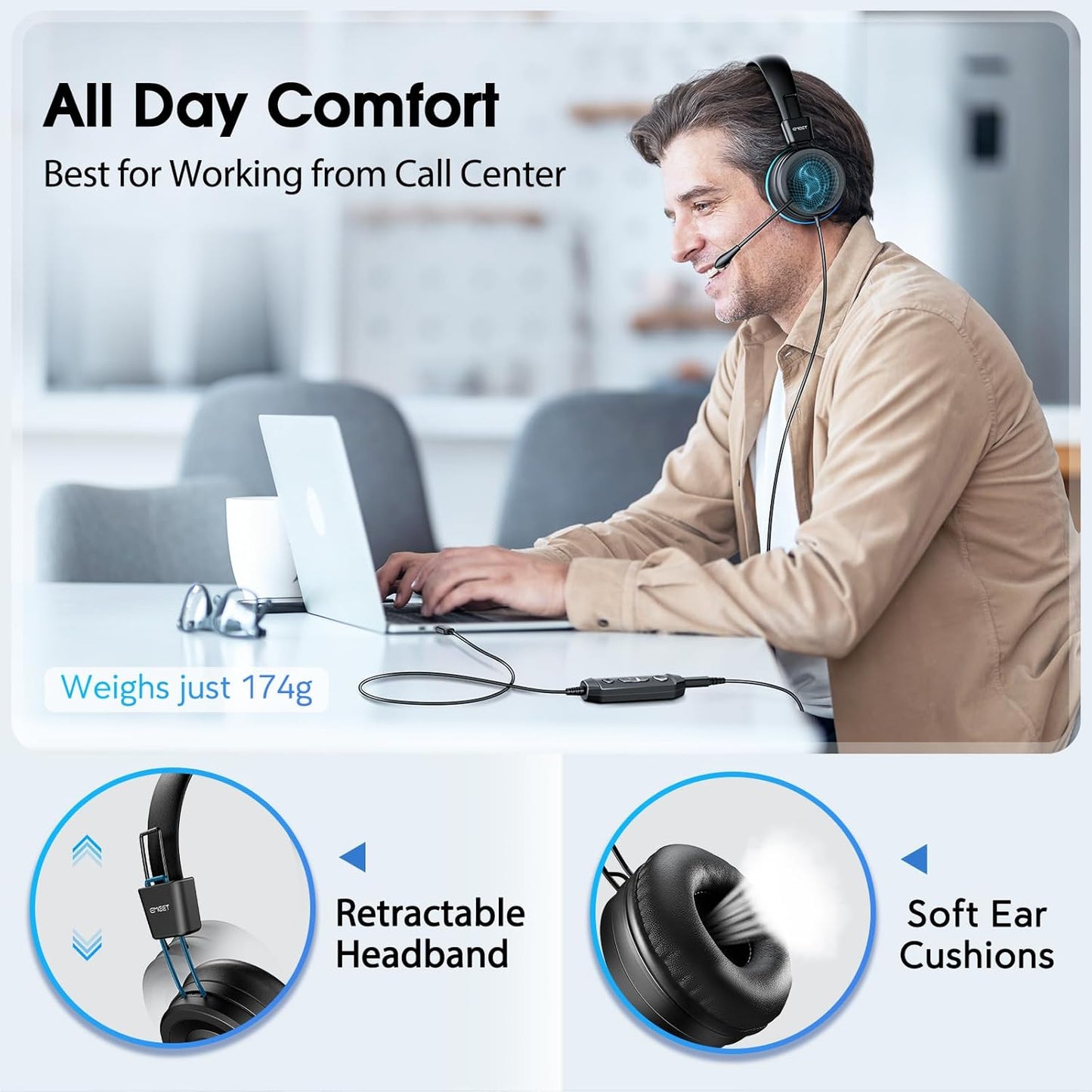 EMEET HS20 Gaming Headset with Microphone - USB Wired Headphones for PC, Laptop & Call Center