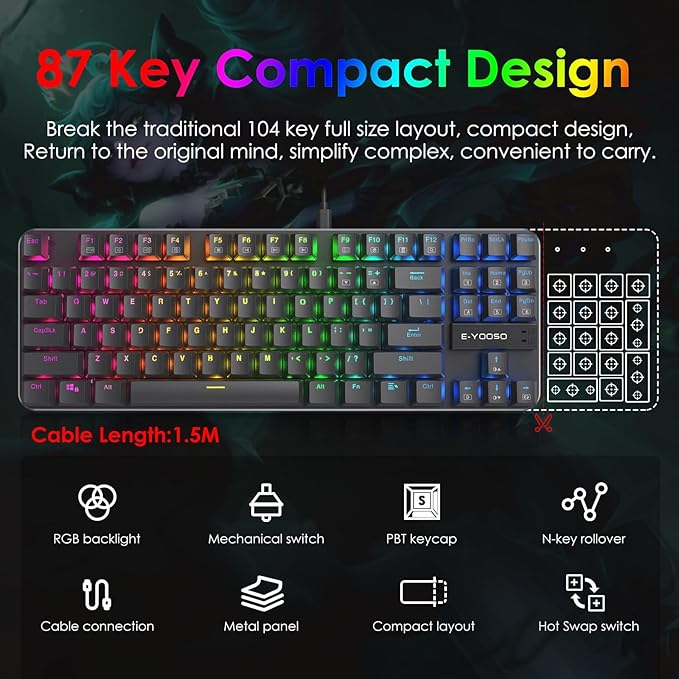 E-YOOSO Z-66 RGB Mechanical Gaming Keyboard - 87 Keys Blue Switch TKL