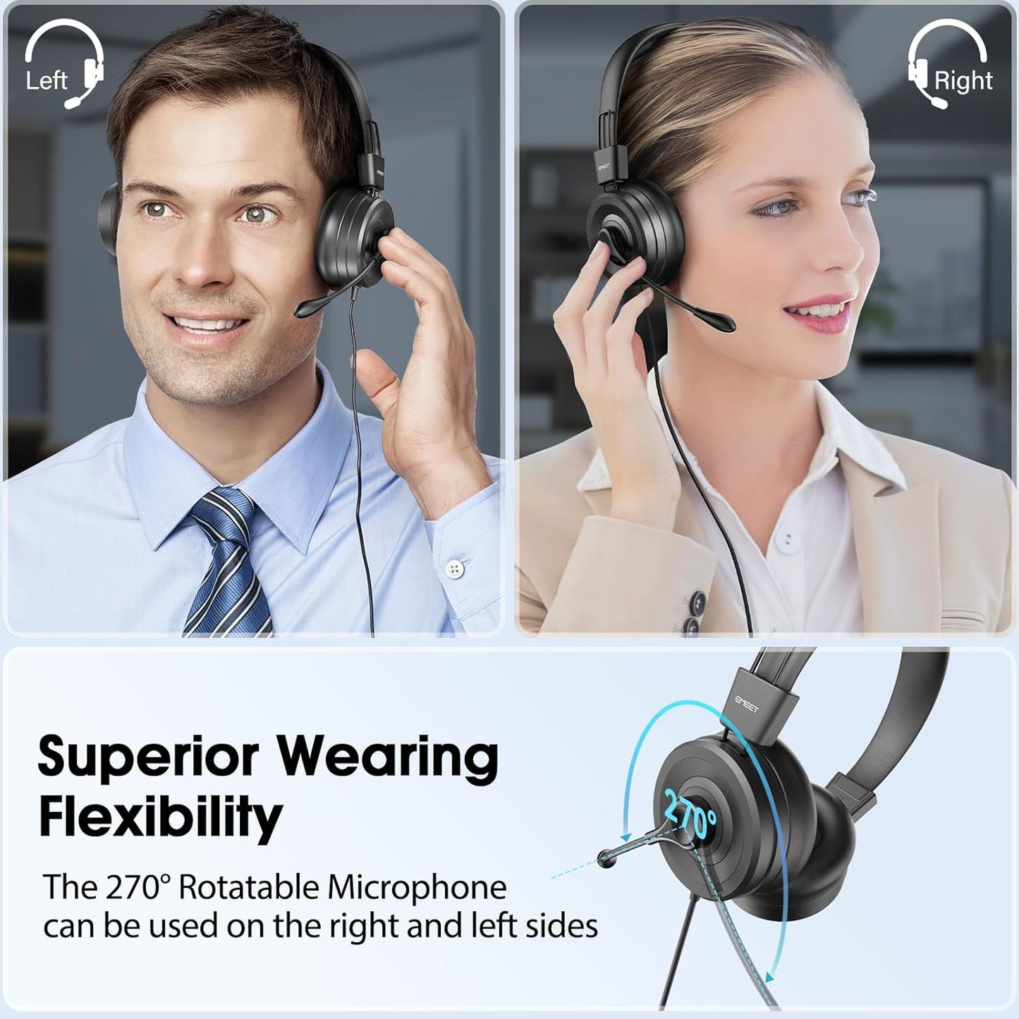 EMEET HS20 Gaming Headset with Microphone - USB Wired Headphones for PC, Laptop & Call Center