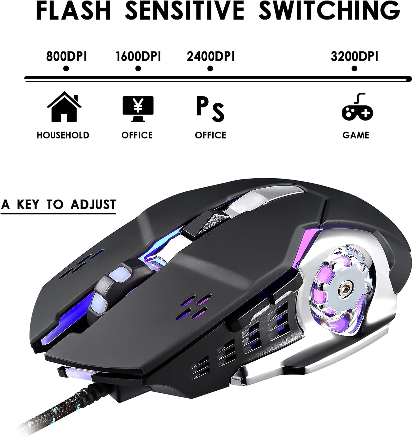 Pro Gaming Mouse - 6 Programmable Buttons, 4000 DPI, RGB LED - Perfect for PUBG, Fortnite & DOTA 2