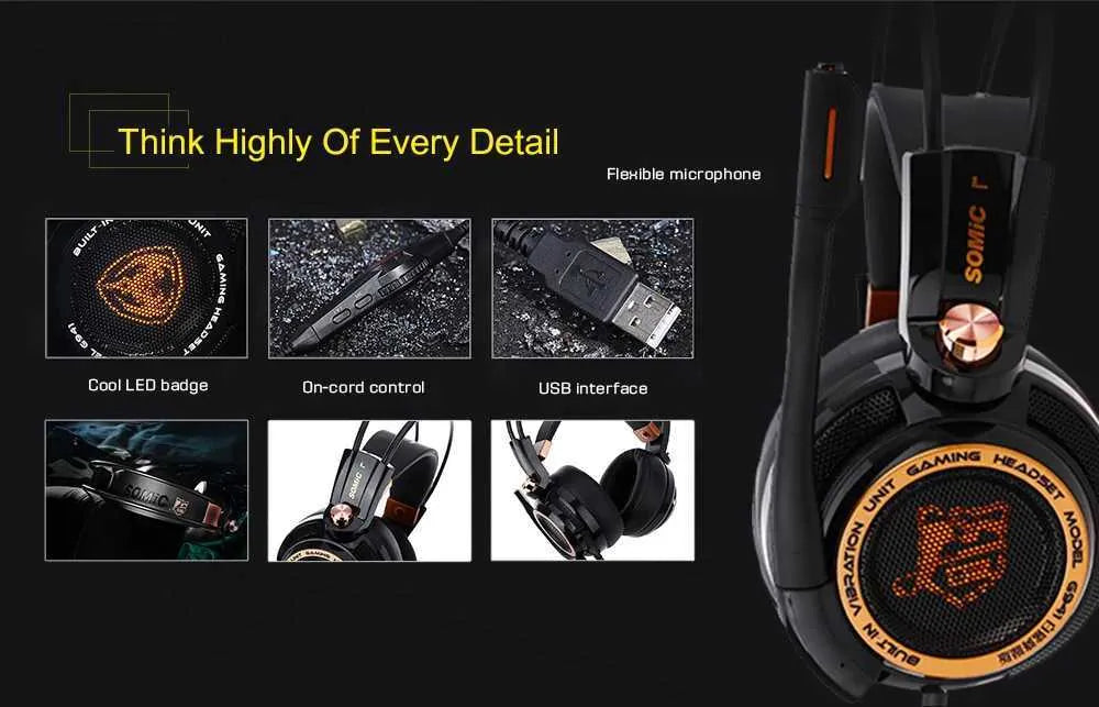 Somic G941 Gaming Headset - 7.1 Surround Sound USB Headphones with Vibration & RGB LED