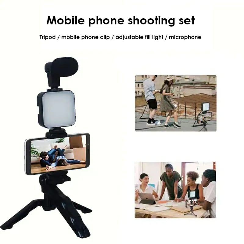 AY-49 Professional Video Making Kit - Vlogging Tripod with LED Light & Microphone