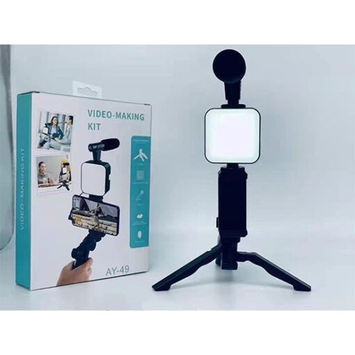AY-49 Professional Video Making Kit - Vlogging Tripod with LED Light & Microphone