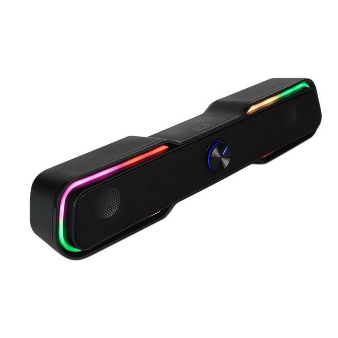 Evatronic RGB sound bar with colorful LED lighting on desktop
