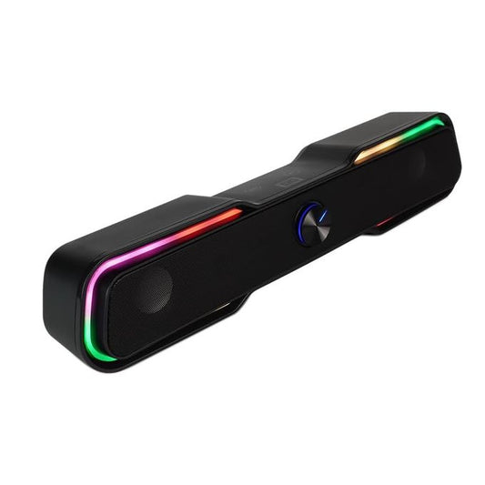 Evatronic RGB sound bar with colorful LED lighting on desktop