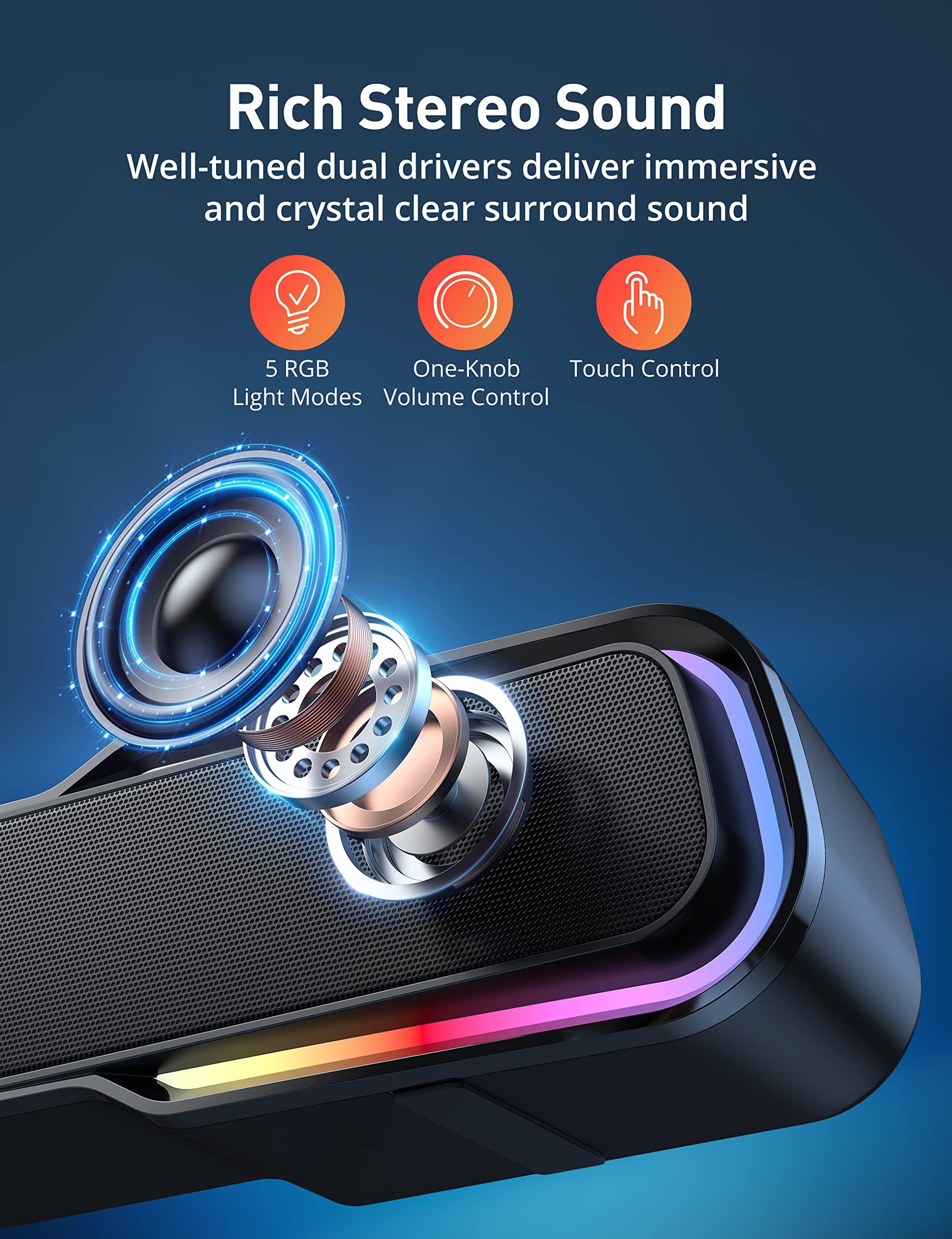 Evatronic stereo sound bar close-up of touch-sensitive volume control