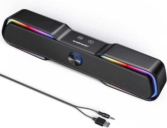 Evatronic USB-powered sound bar front view showing RGB lights and touch controls