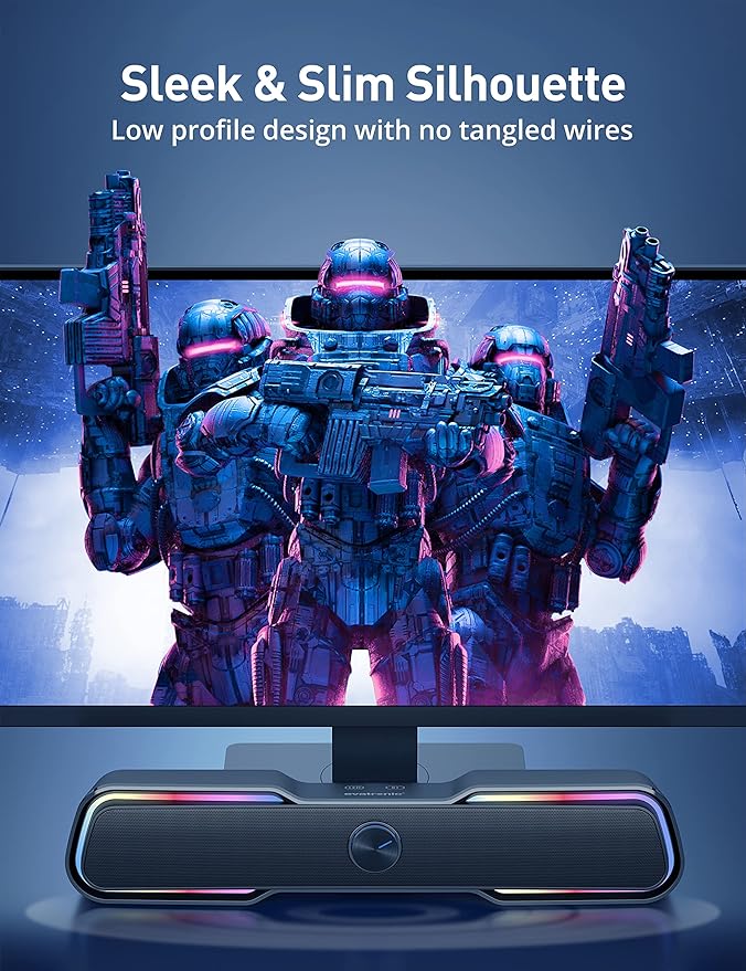 Evatronic RGB speaker bar showing full LED color spectrum