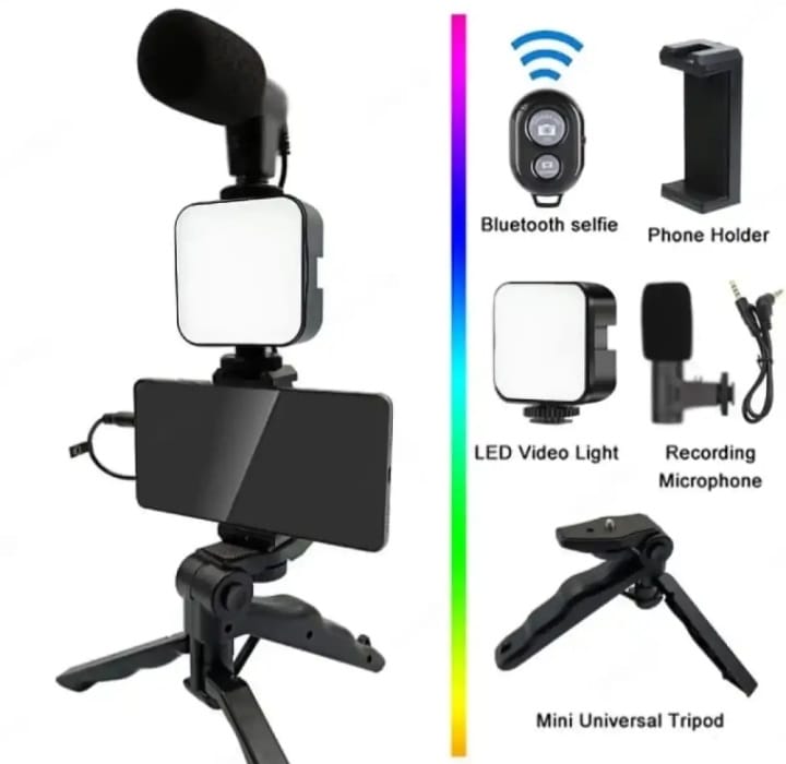 AY-49 Professional Video Making Kit - Vlogging Tripod with LED Light & Microphone