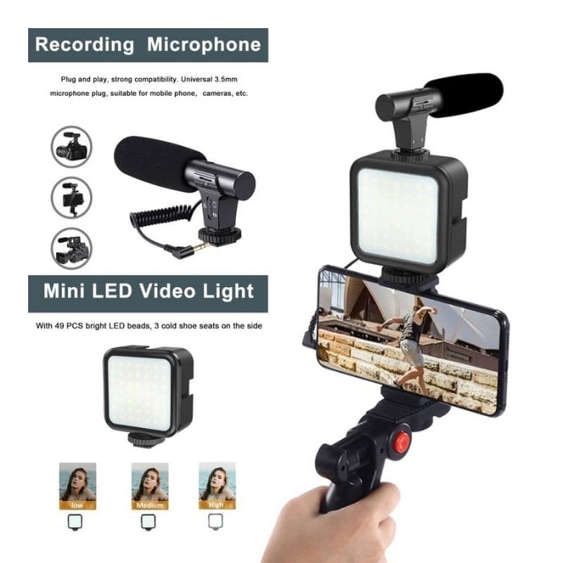 AY-49 Professional Video Making Kit - Vlogging Tripod with LED Light & Microphone