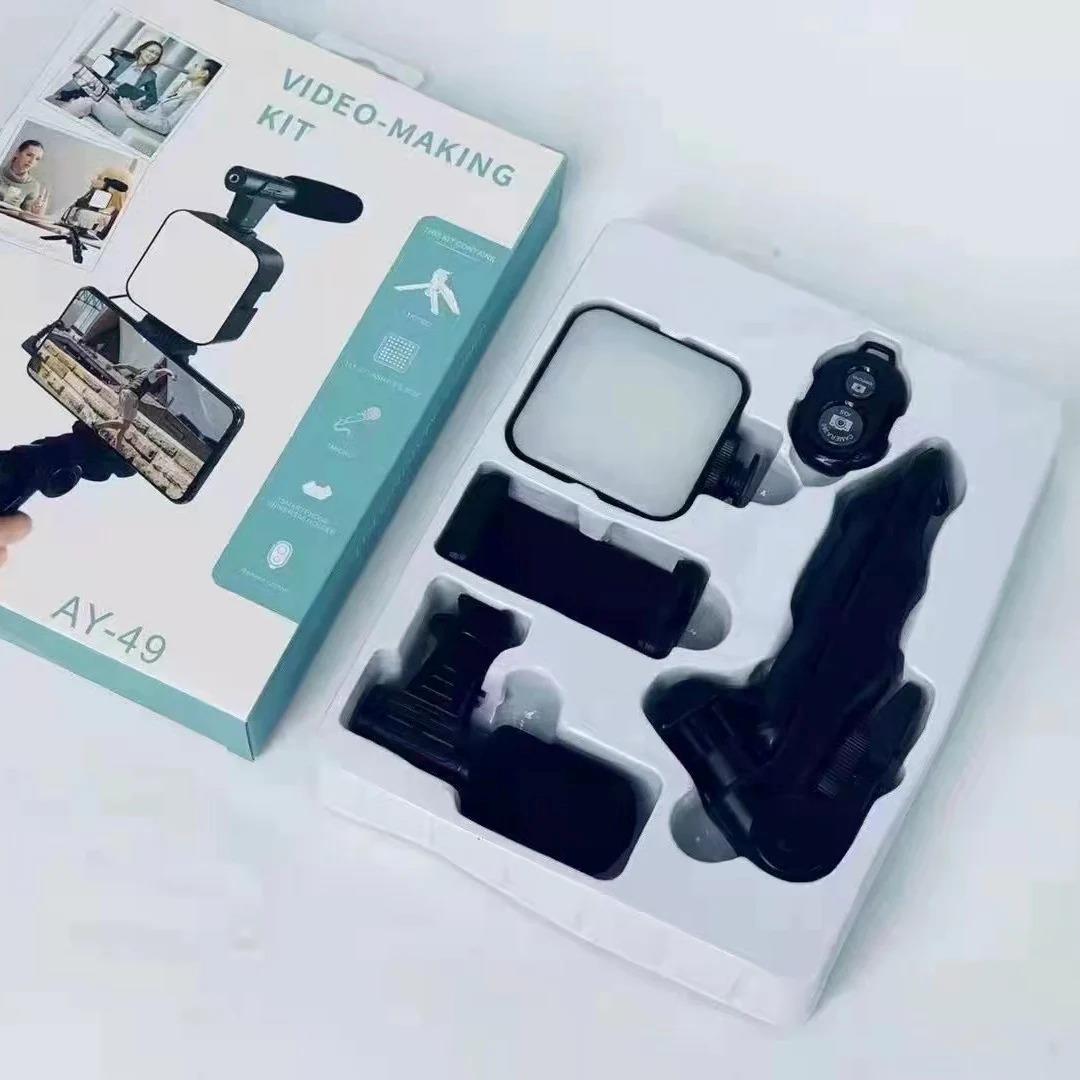 AY-49 Professional Video Making Kit - Vlogging Tripod with LED Light & Microphone